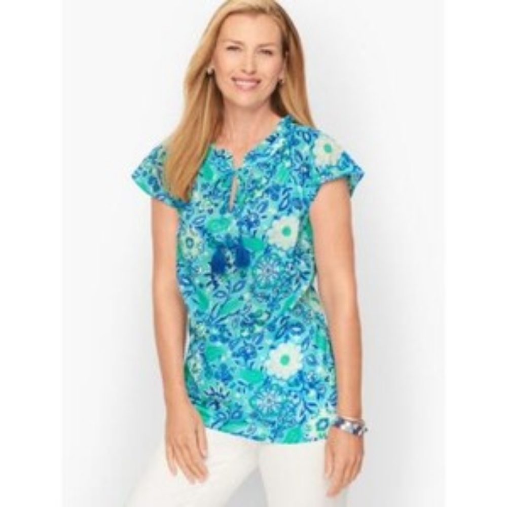 NWOT Talbots Womens Small Cap Sleeve Floral Blouse Blue/Green Print Medium